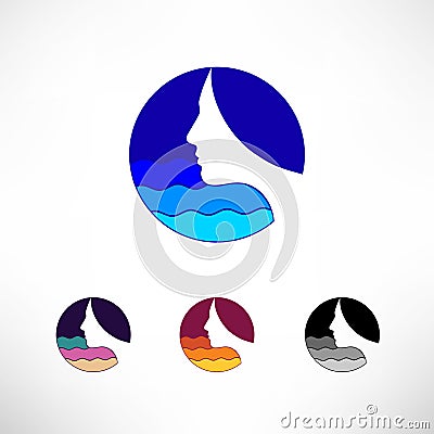 Circle icon set vector logo. Female profile, hair and waves. Vector Illustration