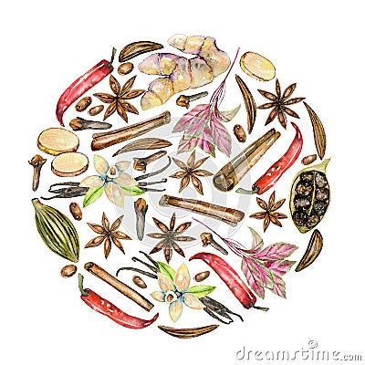 Circle illustration of watercolor spices cinnamon Cartoon Illustration