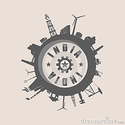 Circle with industry relative silhouettes. India text Vector Illustration