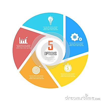 Circle infographics template can be used diagram, presentation or web design. Business concept with 5 options or steps. Vector Illustration