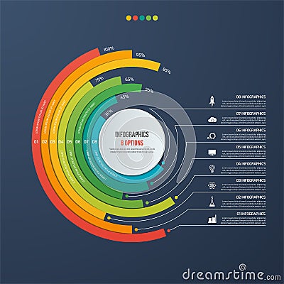 Circle informative infographic design with 8 options on dark background. Vector Illustration