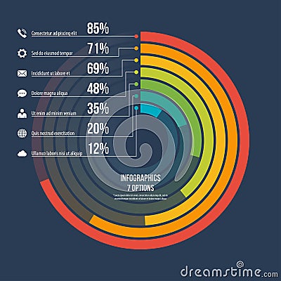 Circle informative infographic template 7 options on dark background. Vector Illustration