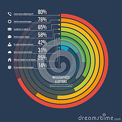 Circle informative infographic template 8 options on dark background. Vector Illustration