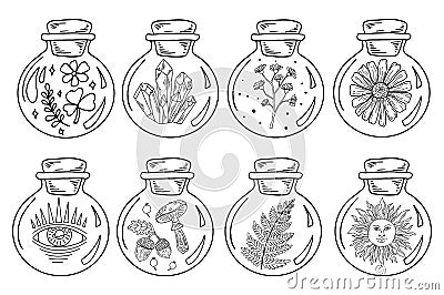 Circle jars set with witchcraft symbols. Flowers, crystal, fern, sun and leaves in bottles line art. Black outline magic Vector Illustration