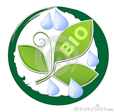 Circle label for bio product with green leaf and water drops in grunge green frame Vector Illustration