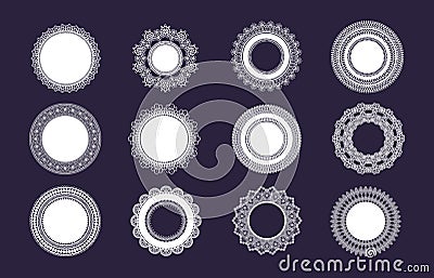 Circle lace doily, napkins with laser cutted frill. Round plates for cakes with floral ornament. Classic wedding table Vector Illustration