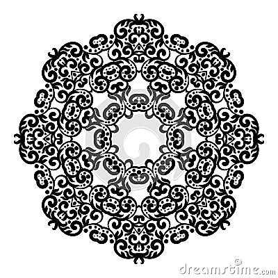 Circle lace ornament, round ornamental geometric doily pattern, black and white isolated mandala Vector Illustration