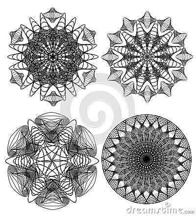 Circle lace patterns, design elements in black outline design, gorgeous symmetric geometric spirograph shapes Vector Illustration