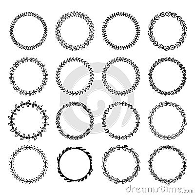 Circle leaf frames. Floral leaves round frame, flower ornament circles and flowers circled border isolated vector set Vector Illustration