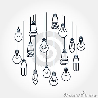 Circle of light bulb hanging on cords Vector Illustration