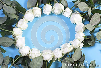 Circle lined with white roses on a blue background. Idea for design Stock Photo