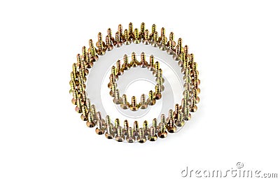 The circle is lined with yellow avarage galvanized screws isolated on white background Stock Photo
