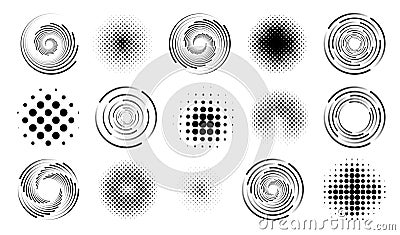 Circle lines, round dot patterns. Abstract spiral speed icons, circular graphic swirls, radial movement, halftone Stock Photo