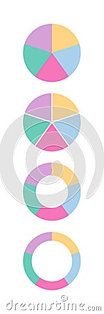 Circle loading template. Circular progress bar with 5 segments. 100 percent round pie chart. Piechart with slices Vector Illustration
