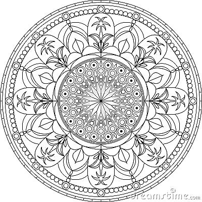 Circle mandala adult coloring page, with palm tree Vector Illustration