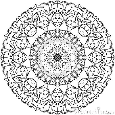 Circle mandala adult coloring page, with tulips motifs. Vector Illustration