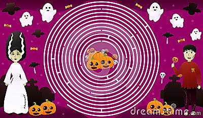 Circle maze for kids with colourful frankenstein character, find way to candies, cute pumpking faces and flyingg ghosts Vector Illustration