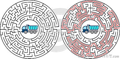 Circle Maze with Solution. Labyrinth with Entry and Exit. Find the Way Out Concept. Transportation and Logistics Vector Stock Photo