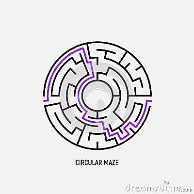 Circle maze vector labyrinth game. Round puzzle circular maze with solution. Complex labyrunth pattern Vector Illustration