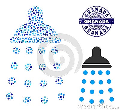 Scratched GRANADA Round Guilloche Seal and Shower Mosaic Icon of Round Dots Vector Illustration