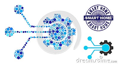 Scratched SMART HOME Round Guilloche Stamp and Smart Cog Mosaic Icon of Round Dots Vector Illustration