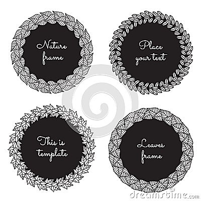 Circle nature frames (black) with leaves (lilac, ash, viburnum, birch) vector set. Vintage style. Vector Illustration