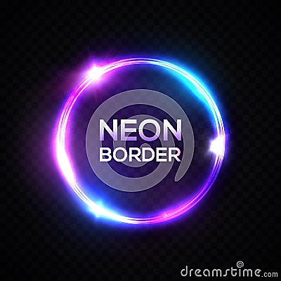 Circle neon light lamp frame. Night wall sign. Vector Illustration