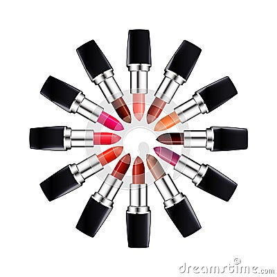 Circle of open tube of lipstick. Lipstick of different colors laid out in a circle. Isolated on white. Vector Illustration