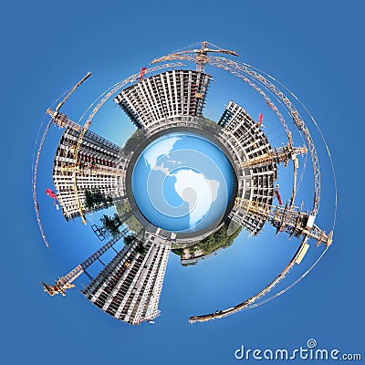 Circle panorama of building on globe Stock Photo