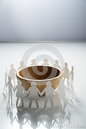 Circle of paper people holding hands in front of big empty bowl. Overpopulation, famine concept. Stock Photo