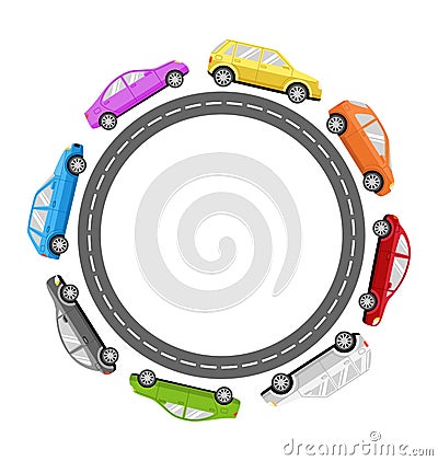 Circle Road Frame with Colorful Cars on White Vector Illustration