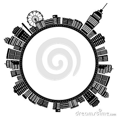 Circle round world planet street panorama view silhouette town in black contour color isolated on white , skyscraper buildings hou Vector Illustration