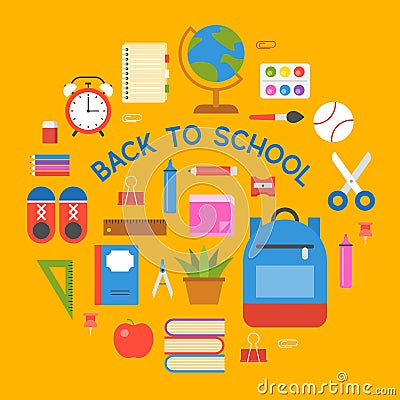 Circle school Bag icon and school supplies poster , flat design Vector Illustration