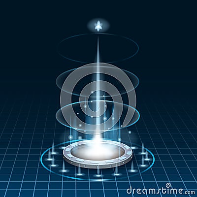 Circle science teleport, futuristic portal sky-fi digital, tunnel with light rays and glows, podium, projector. Vector Vector Illustration