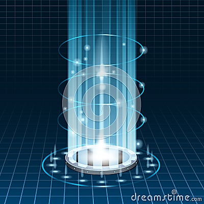 Circle science teleport, futuristic portal sky-fi digital, tunnel with light rays and glows, podium, projector. Vector Cartoon Illustration