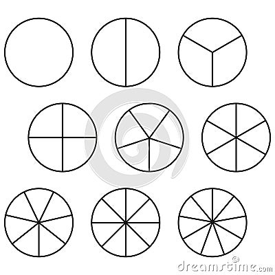Circle segment diagrams. Pie chart symbols. Vector circular shapes. Divided circle icons. Vector Illustration
