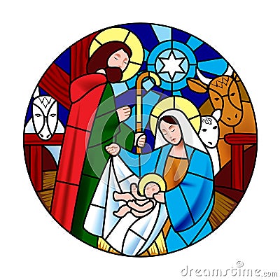 Circle shape with the birth of Jesus Christ scene in stained glass style Vector Illustration