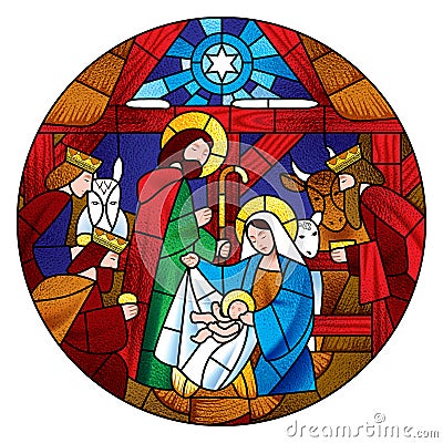 Circle shape with the Christmas and Adoration of the Magi scene Vector Illustration