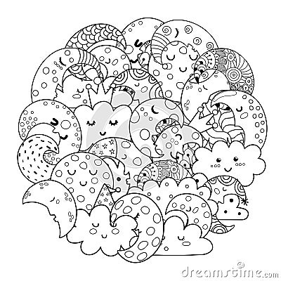 Circle shape coloring page with cute moon and clouds. Black and white print Vector Illustration