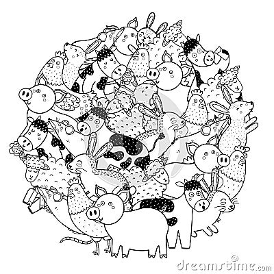 Circle shape coloring page with funny farm characters. Cute animals black and white print Vector Illustration