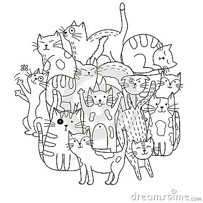 Circle shape pattern with cute cats for coloring book Vector Illustration