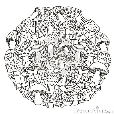 Circle shape pattern with fantasy mushrooms for coloring book Vector Illustration