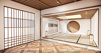 The Circle shelf wall design on empty Living room japanese deisgn with tatami mat floor. 3D rendering Stock Photo