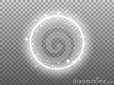 Circle shine on transparent backdrop. Glowing ring with glitter effect. Round silver frame and magic particles. Festive Vector Illustration