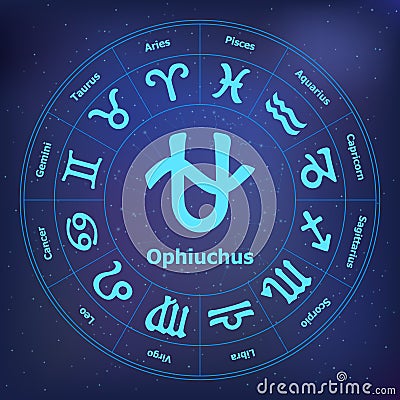 Circle with signs of zodiac and ophiuchus. Vector Illustration