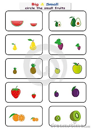 circle the small fruits, Find Big or Small worksheet for kids, opposite. worksheet Stock Photo
