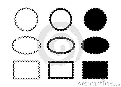 Circle and square scalloped frames set. Scalloped edge rectangle and ellipse shapes. Simple label and sticker form Vector Illustration