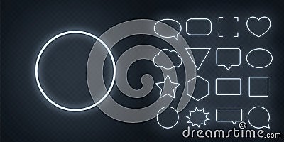 Circle, square, speech bubble, star, triangle, heart, hexagon and other glowing white neon frames on a dark transparent Vector Illustration