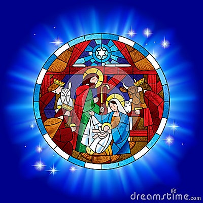 Circle stained glass with the Christmas and Adoration of the Magi Vector Illustration