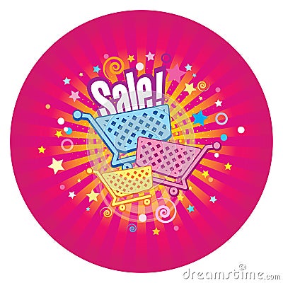 Circle sticker of Sale. Supermarket trolleys on the decorative background with rays, stars and confetti. Vector Illustration